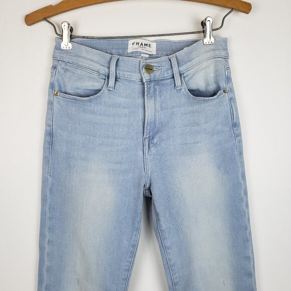 Frame Le High Straight Jeans Cascade Fringe Hem Light Blue Wash Womens Size 25 - Picture 3 of 13
